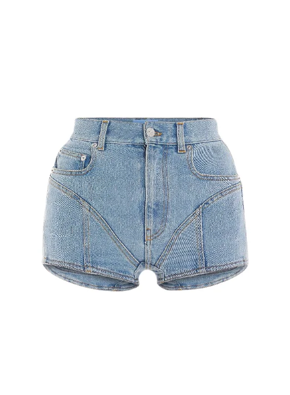 light blue bi-material denim shorts