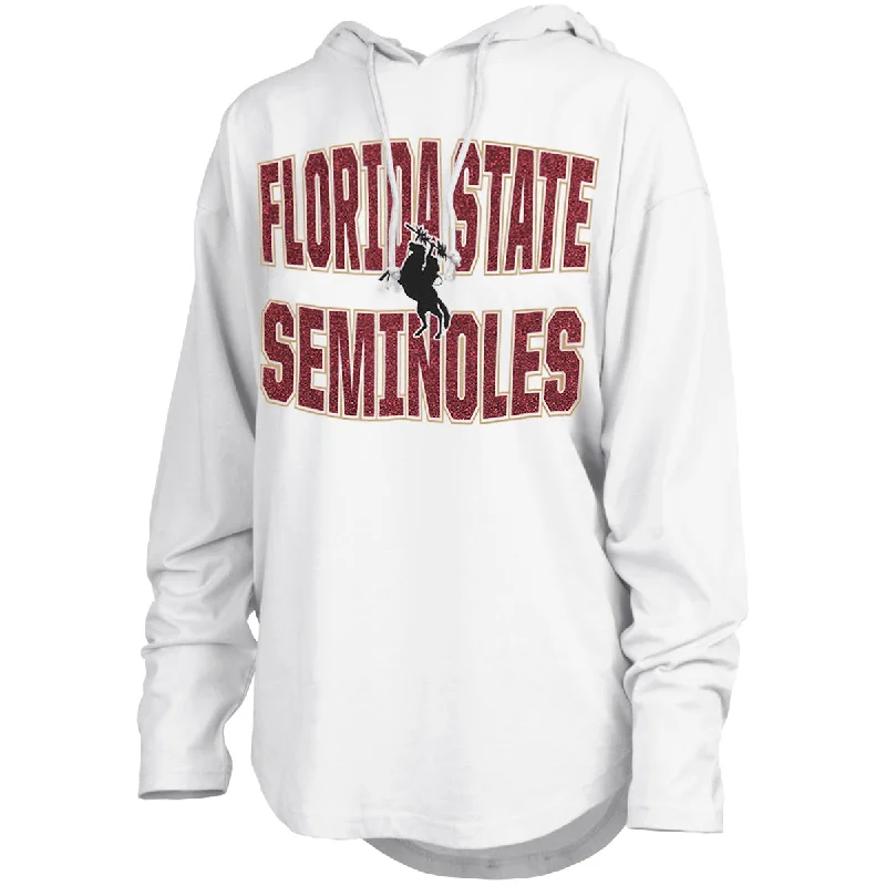 Pressbox Women's Florida State Seminoles Unconquered Silhouette Design Lightweight Long Sleeve Hooded T-shirt - White Pressbox Women's Florida State Seminoles Unconquered Silhouette Design Lightweight Long Sleeve Hooded T-shirt - White
