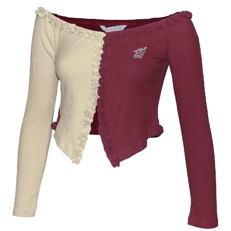 Emerson Street Women's Arrowhead Logo Ribbed Long Sleeve Off the Shoulder Crop - Garnet/Gold Emerson Street Women's Arrowhead Logo Ribbed Long Sleeve Off the Shoulder Crop - Garnet/Gold